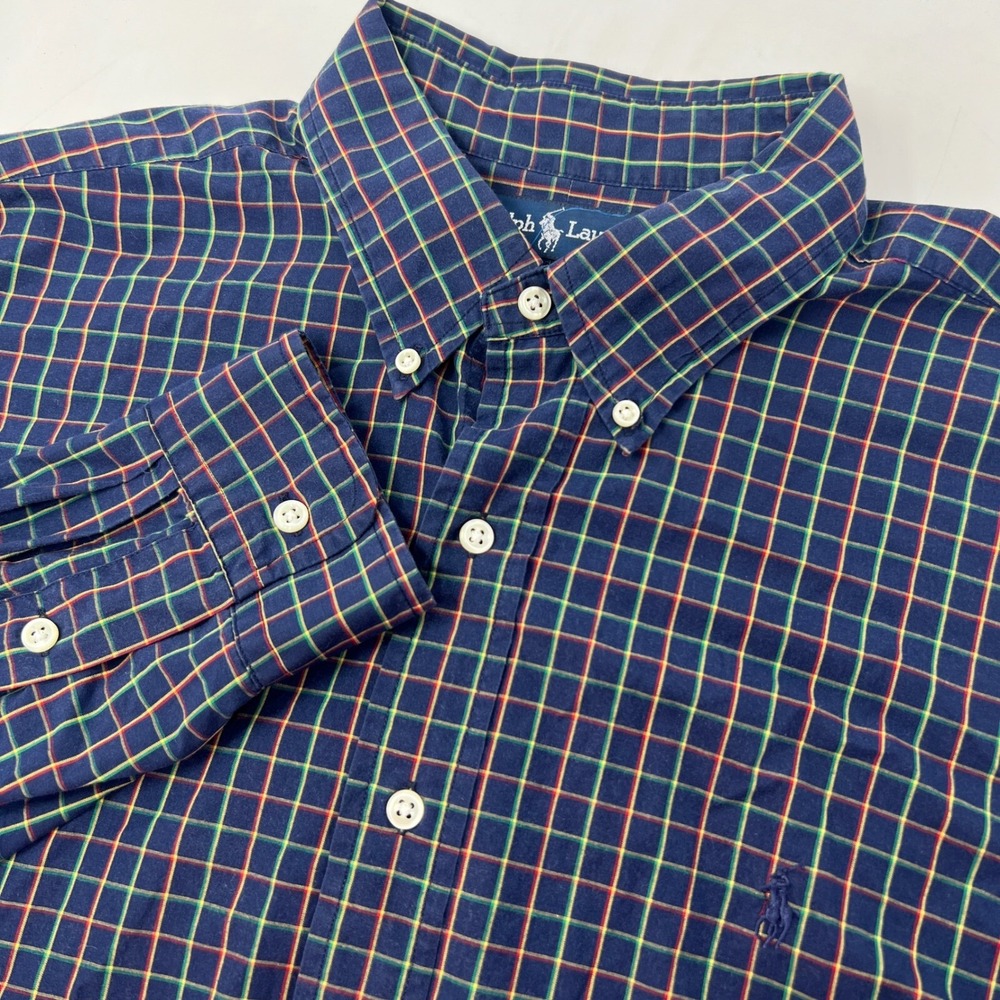 Ralph Lauren Button Down Shirt Mens XL Navy Blue‎ Plaid Blake Long Sleeve Cotton